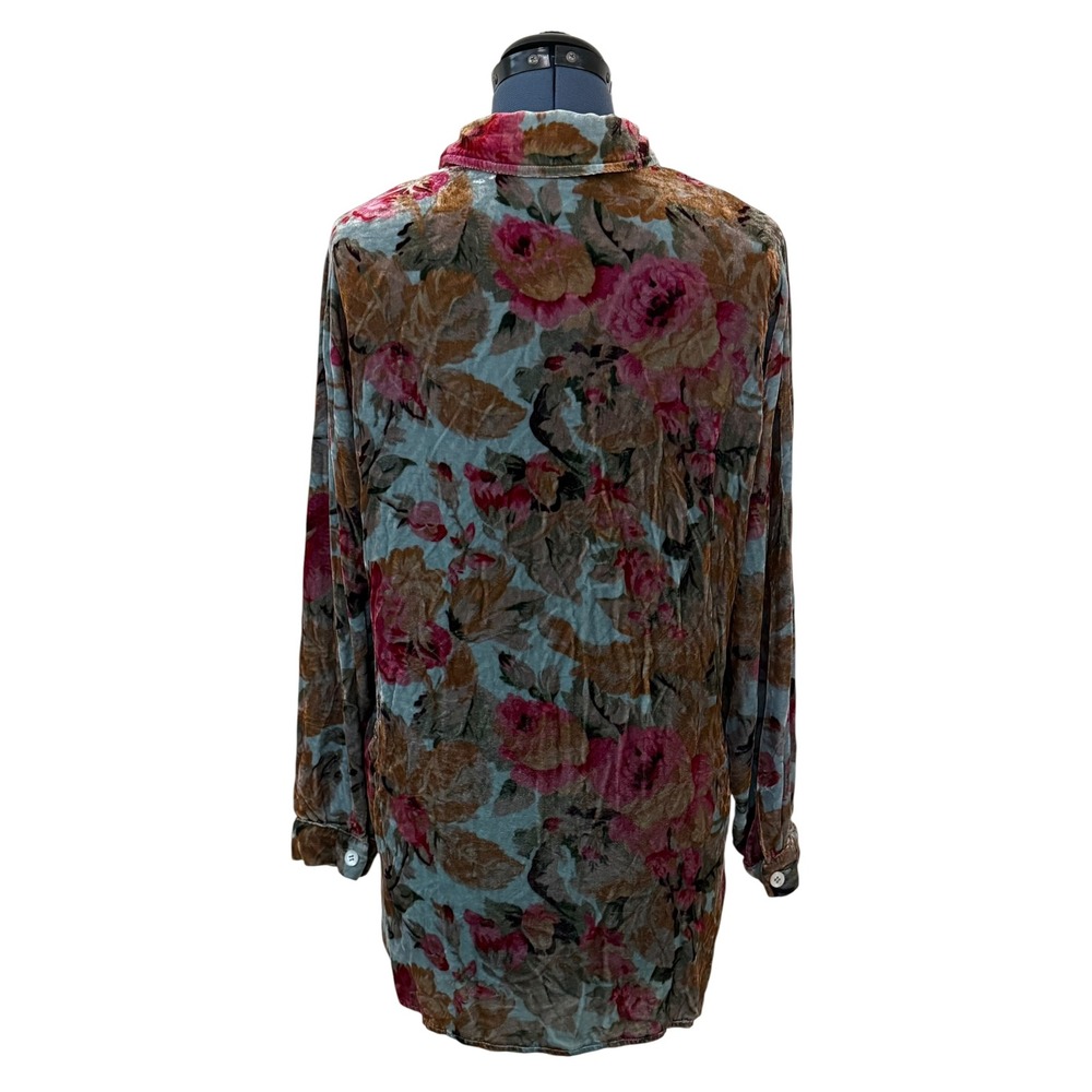 Vtg Soft Surroundings Silk Velvet Blue Pink Floral Button Down Blouse Romantic M - Picture 3 of 10